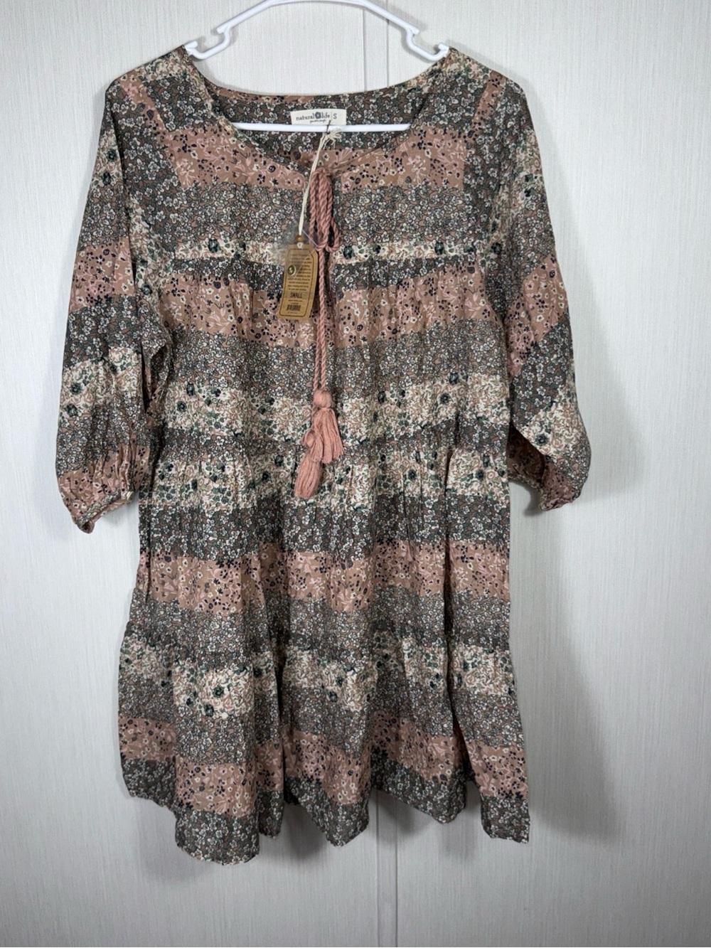 NWT Natural Life S Babydoll Dress Short 3/4 Slvs 100% Cotton Brown Floral Fall